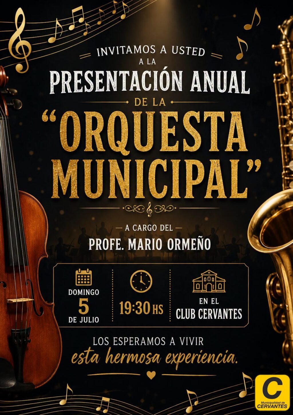 La Orquesta Municipal de Cervantes realizará su presentación anual con entrada libre y gratuita